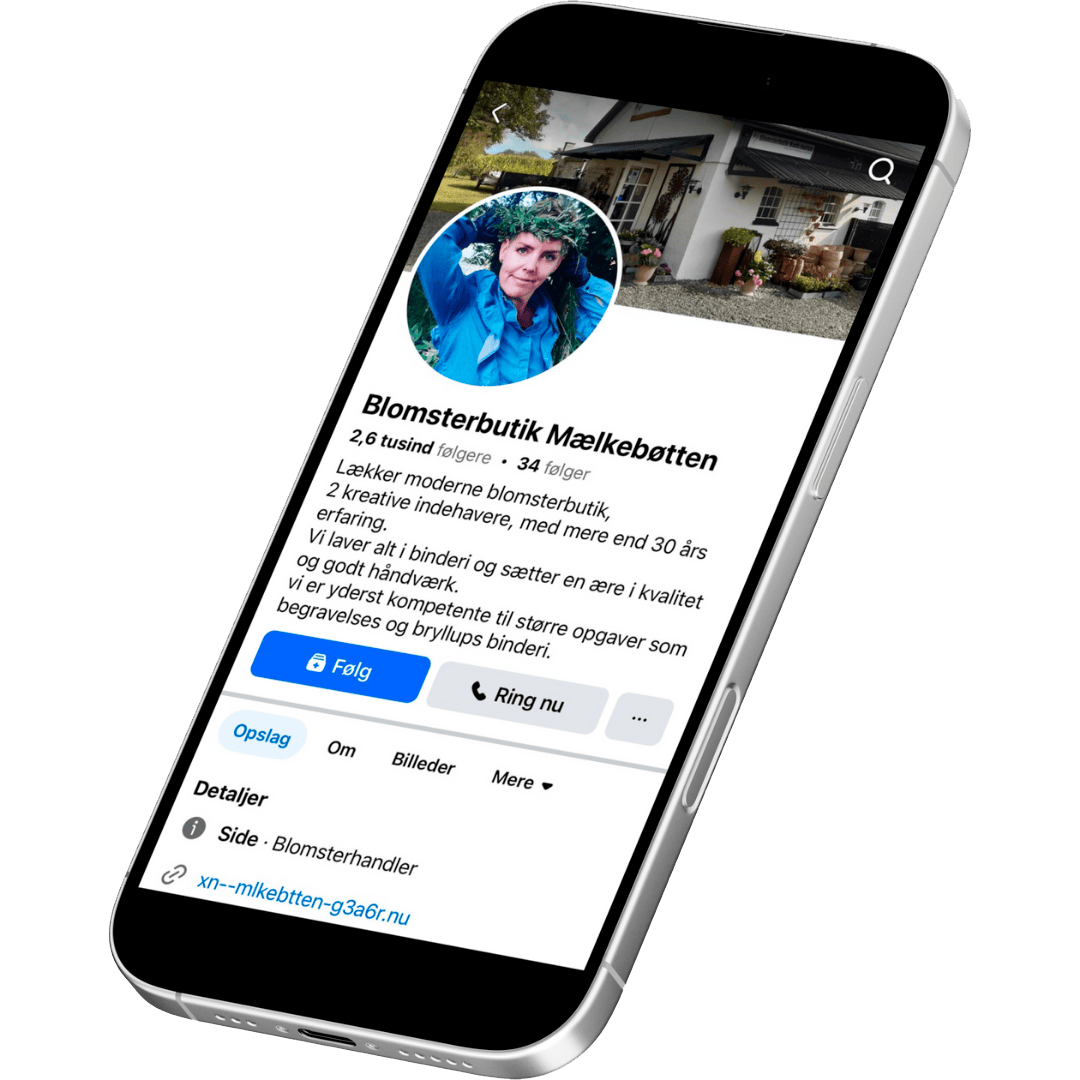 Smartphone viser Blomsterbutik Mælkebøttens Facebook-side